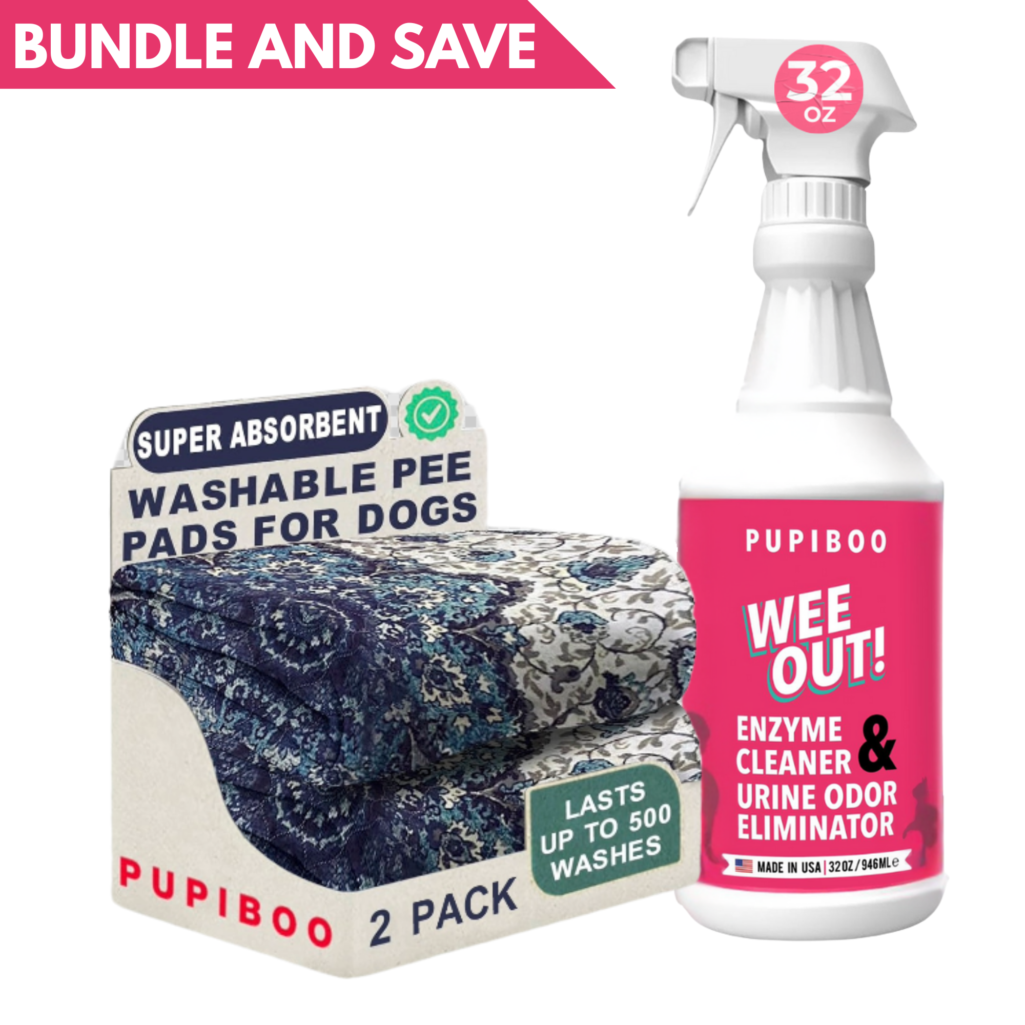 Pupiboo Washable Pee Pads for Dogs (2 Pack) + Wee Out! Enzyme Cleaner Spray 32 Ounce