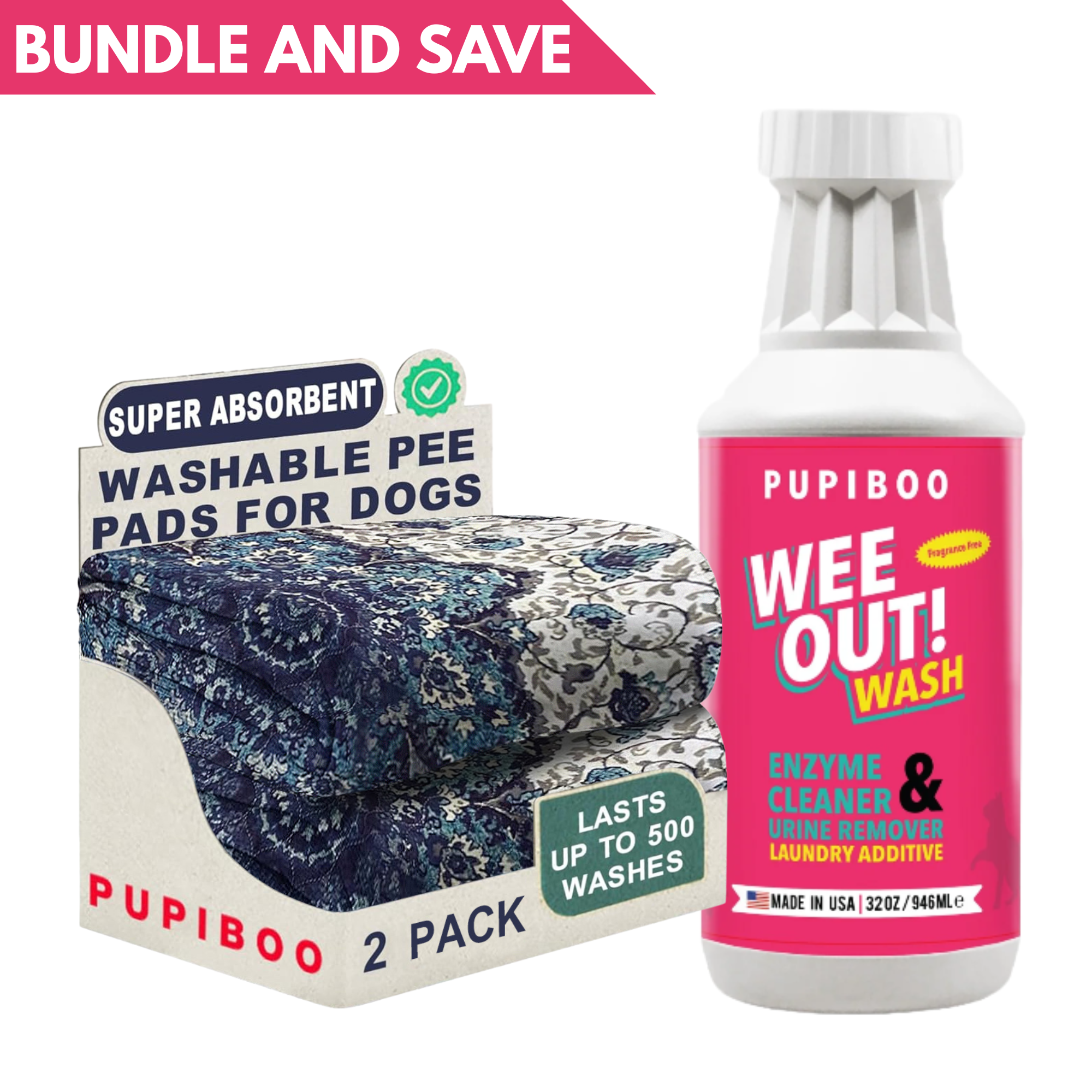 Pupiboo Washable Pee Pads for Dogs (2 Pack) + Wee Out! Enzyme Laundry Additive (32 Ounce)