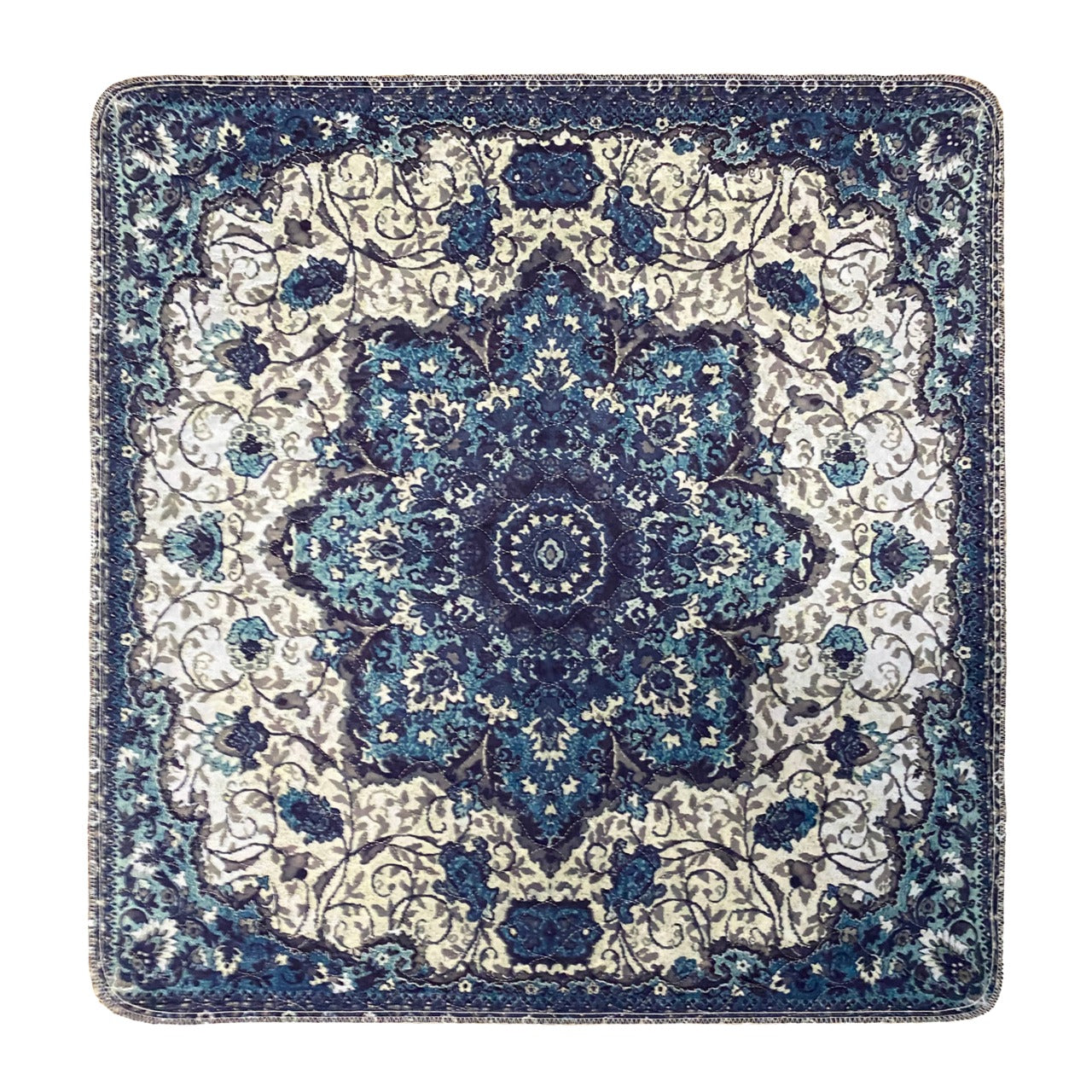 Dachshund on a blue and white ornate patterned rug with '2 pack' label.